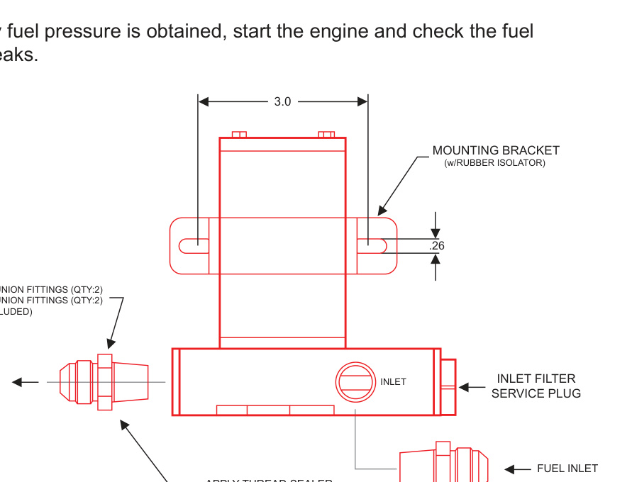 Mounting bracket, inlet filter service plug, and fuel inlet/outlet fittings