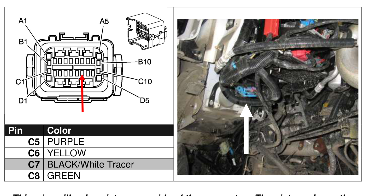 C101 blue connector pinout showing pin C7 black/white tracer wire and engine-bay location