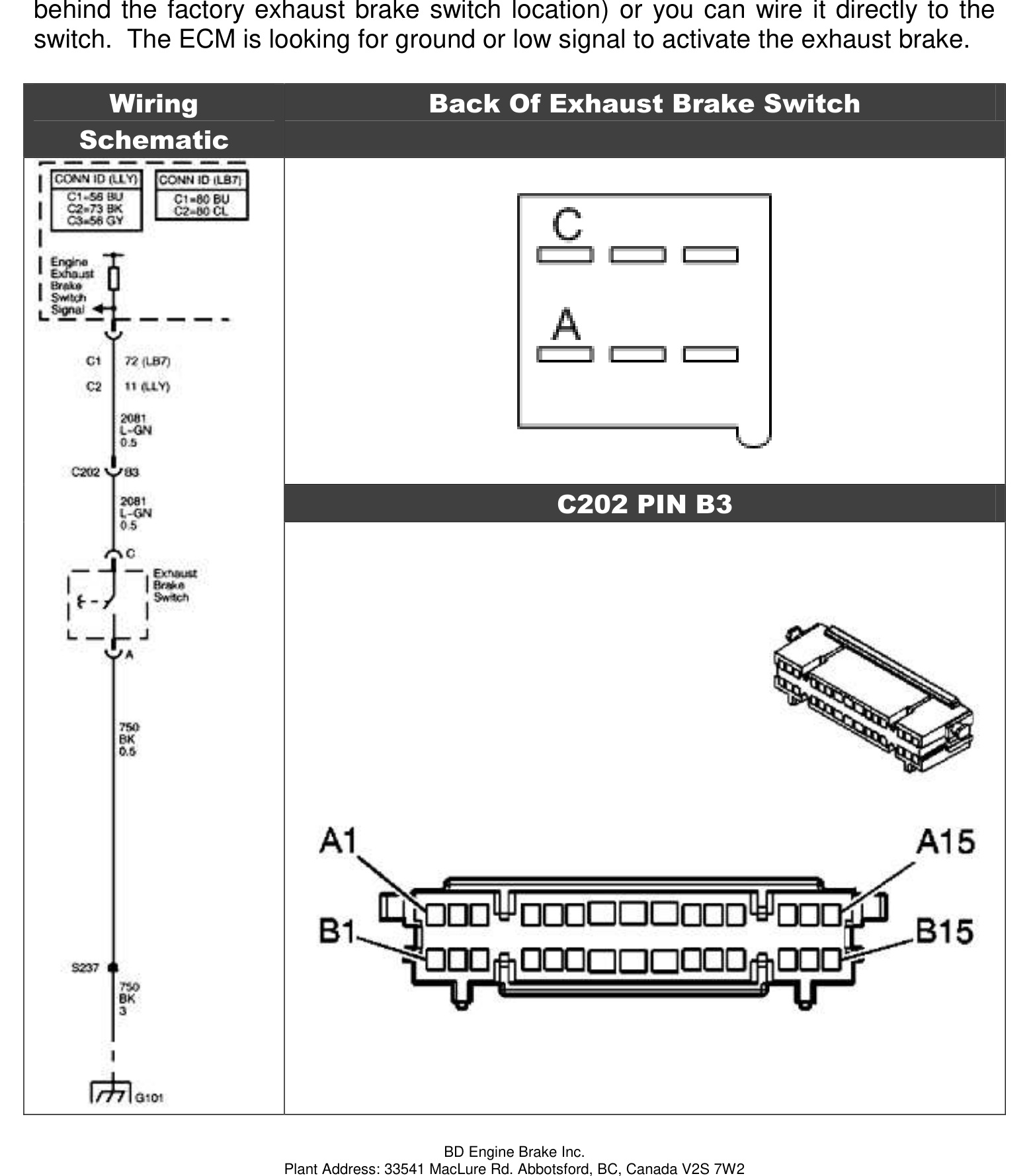 LLY exhaust brake switch wiring schematic and C202 pin B3 connector pinout
