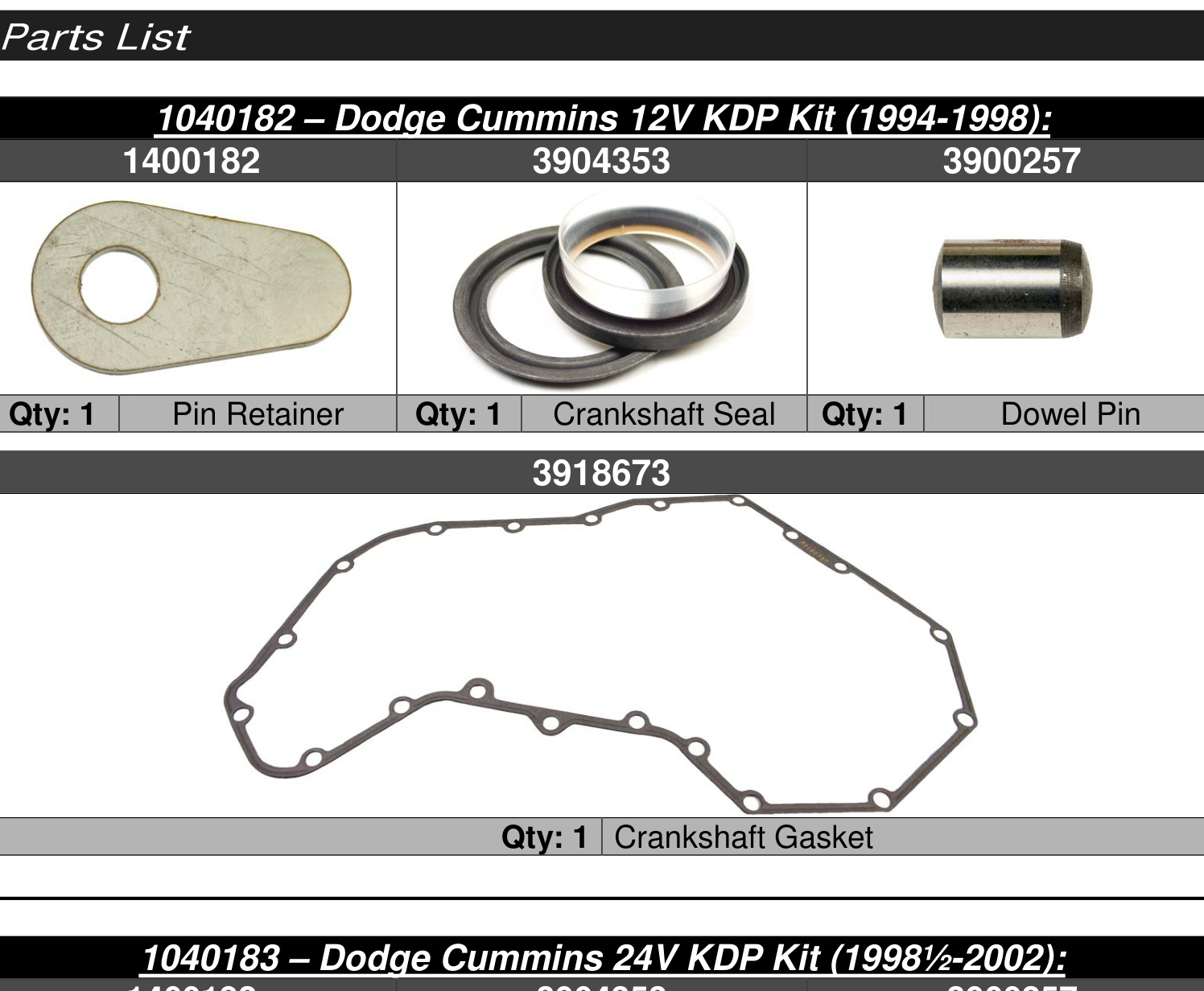 BD Killer Dowel Pin (KDP) Repair Kit Installation &ndash; Dodge Cummins 5.9L &ndash; 12-valve kit contents: pin retainer, crankshaft seal, dowel pin and timing cover gasket