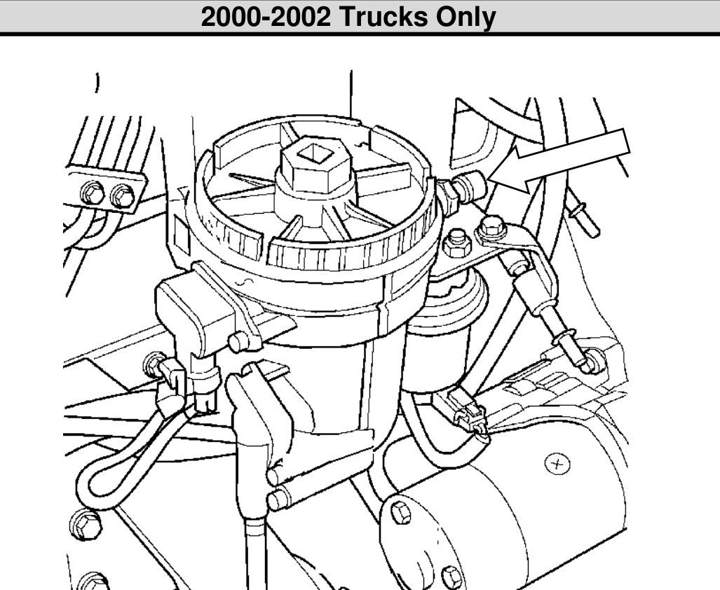 2000-2002 Dodge Cummins fuel filter housing showing fitting location at rear of housing