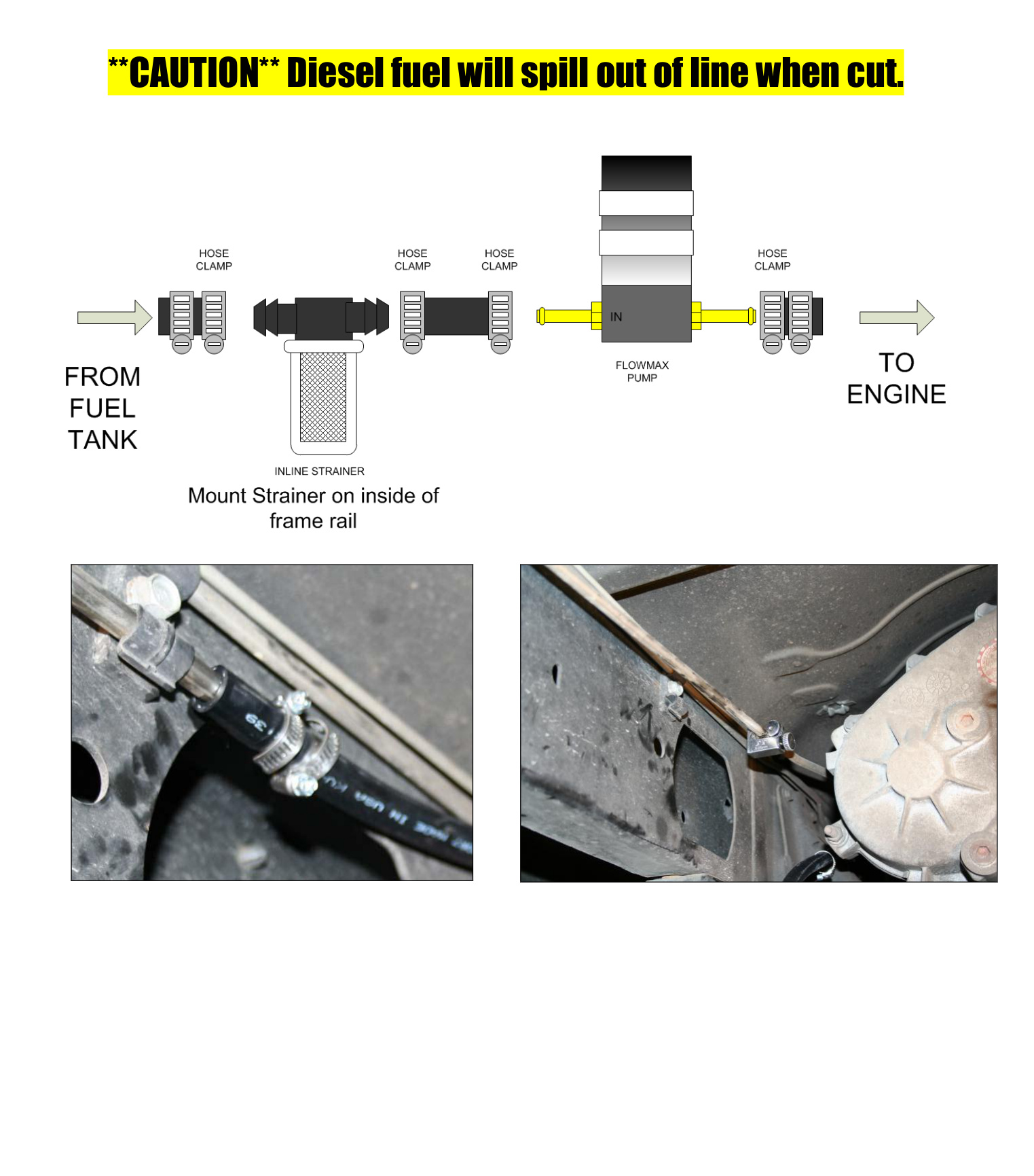 Inlet hose, inline fuel strainer mounted on the frame rail, and fuel line routing to the pump