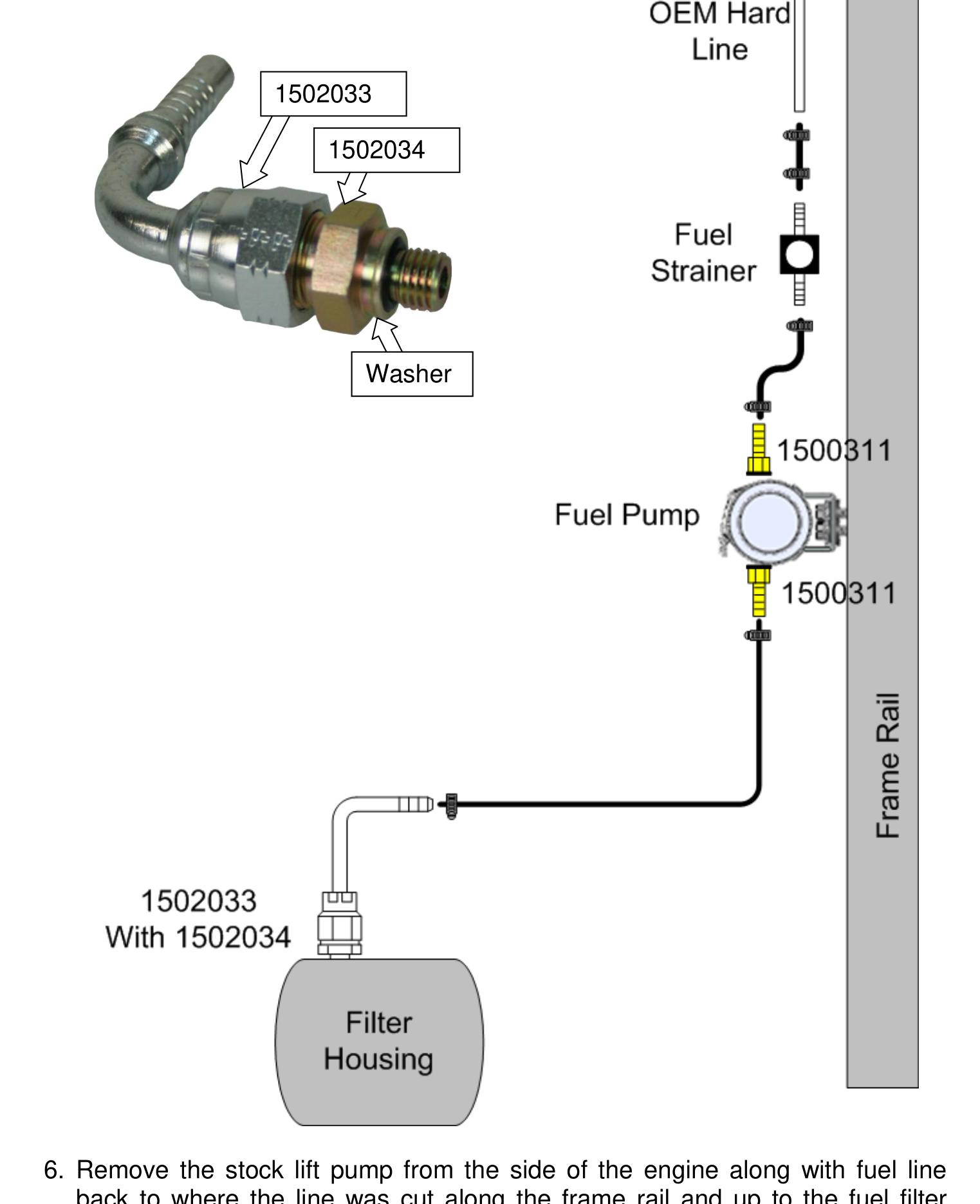 Overall fuel system diagram showing OEM hard line, fuel strainer, fuel pump and filter housing fittings
