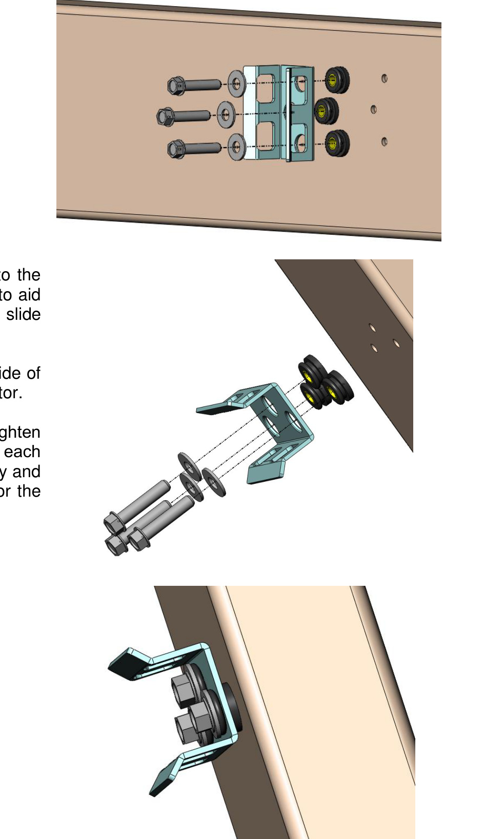 Exploded view of the support bracket with three rubber isolators, washers and self-threading bolts