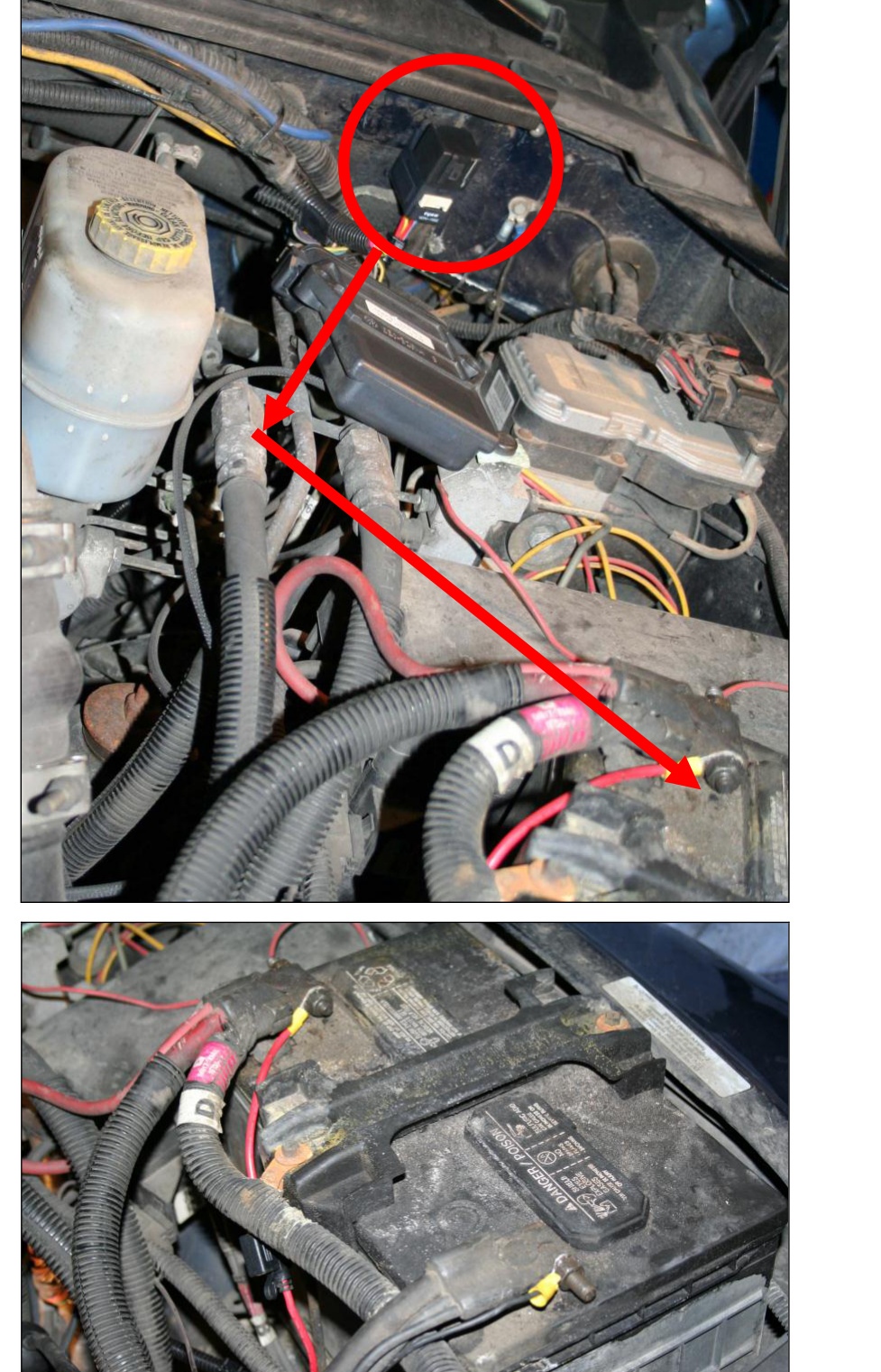 Engine bay photos showing relay mounting on the firewall and harness routing to the battery