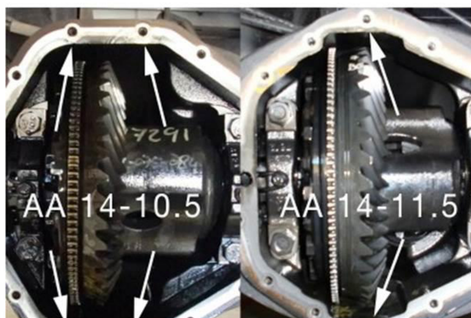 Comparison of AAM 14-10.5 inch and AAM 14-11.5 inch axle ring gears - this cover fits the 11.5 inch axle only