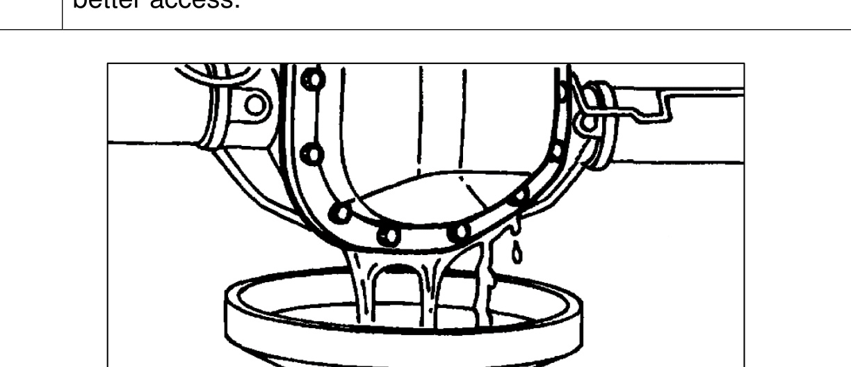Factory differential cover removed, gear oil draining from the axle housing into a drain pan