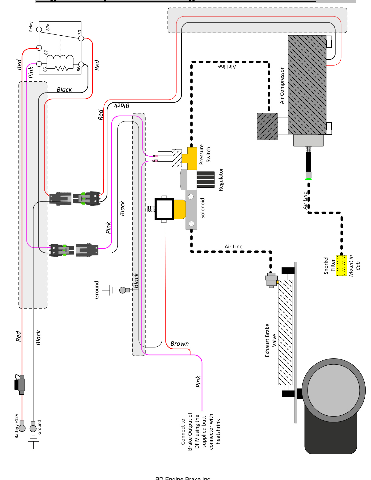 Engine compartment wiring and air hose routing diagram for the BD exhaust brake