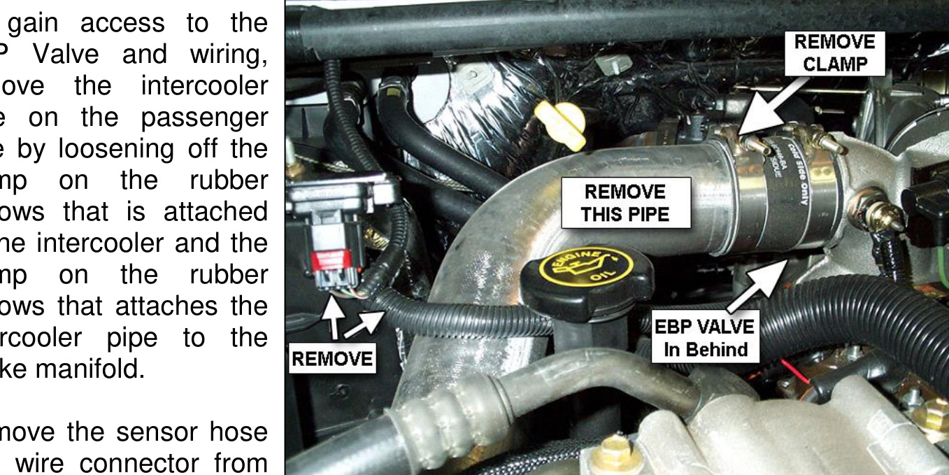 Intercooler pipe and clamp removal showing the EBP valve location behind the pipe