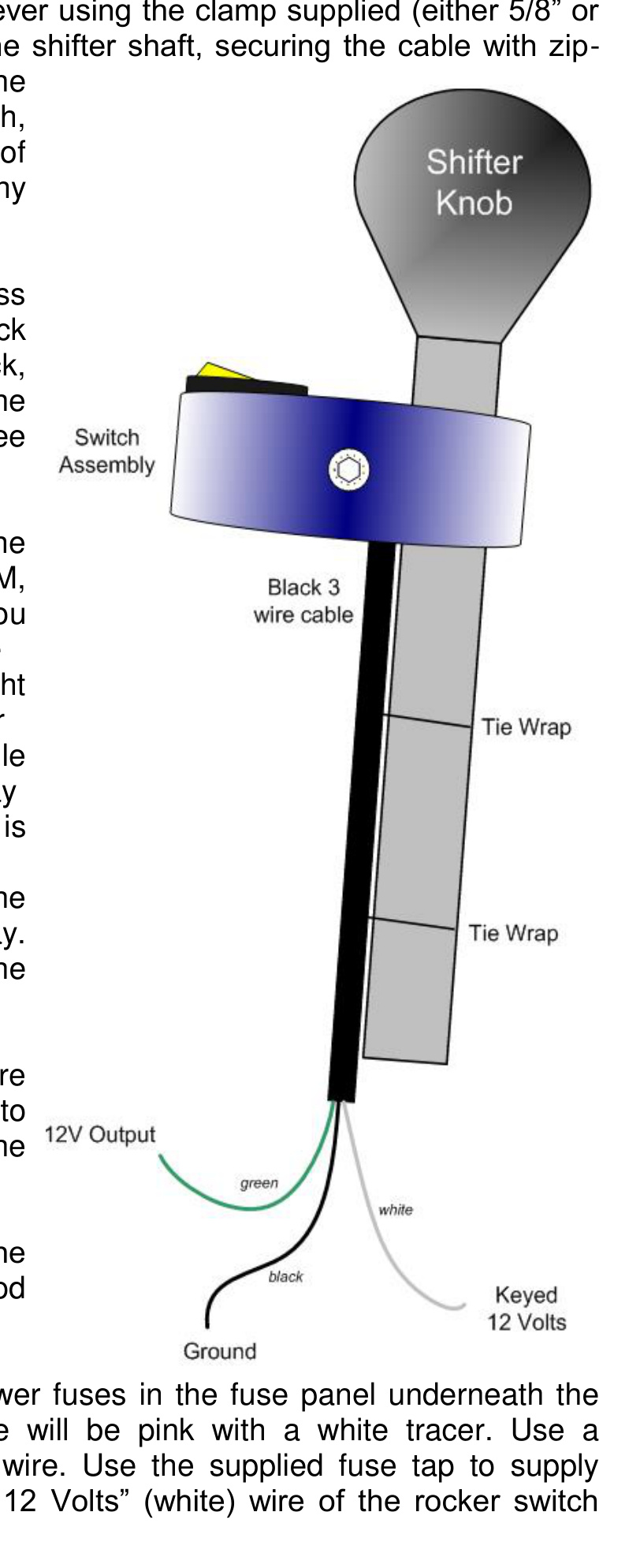 Rocker style shifter switch wiring diagram showing the 3-wire cable connections