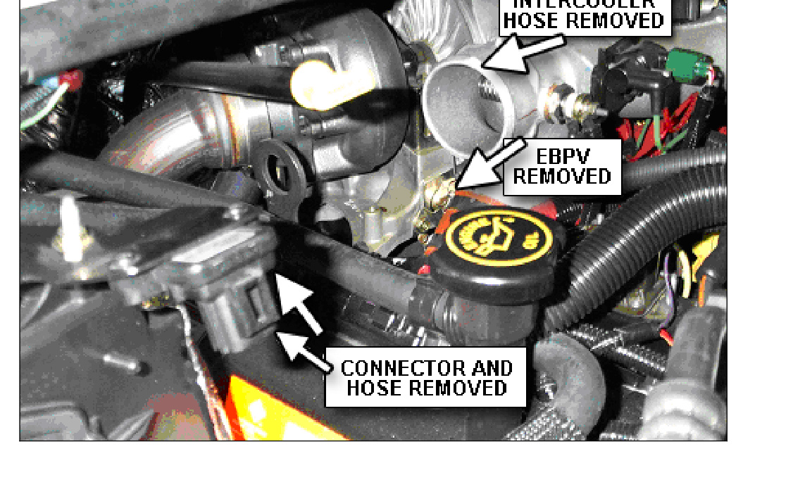Turbo outlet area with the intercooler hose, EBPV and connector hose removed