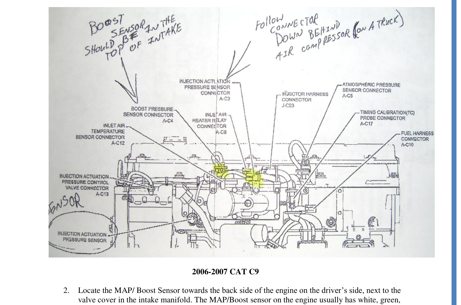TS Performance MP-8 Module Installation – Cat C7, 3126 & C9 Medium Duty – sensor connector locations for 2006-2007 Cat C9