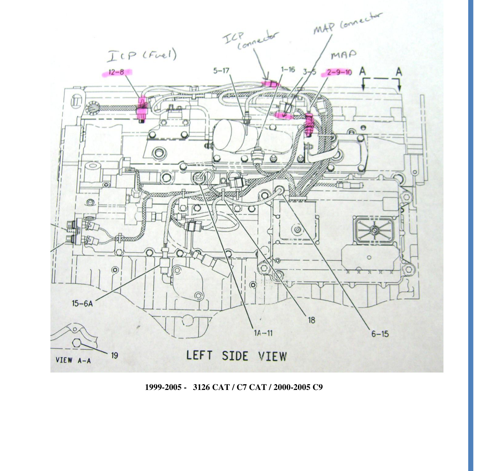 TS Performance MP-8 Module Installation – Cat C7, 3126 & C9 Medium Duty – left side view sensor locations for 1999-2005 3126/C7 and 2000-2005 C9