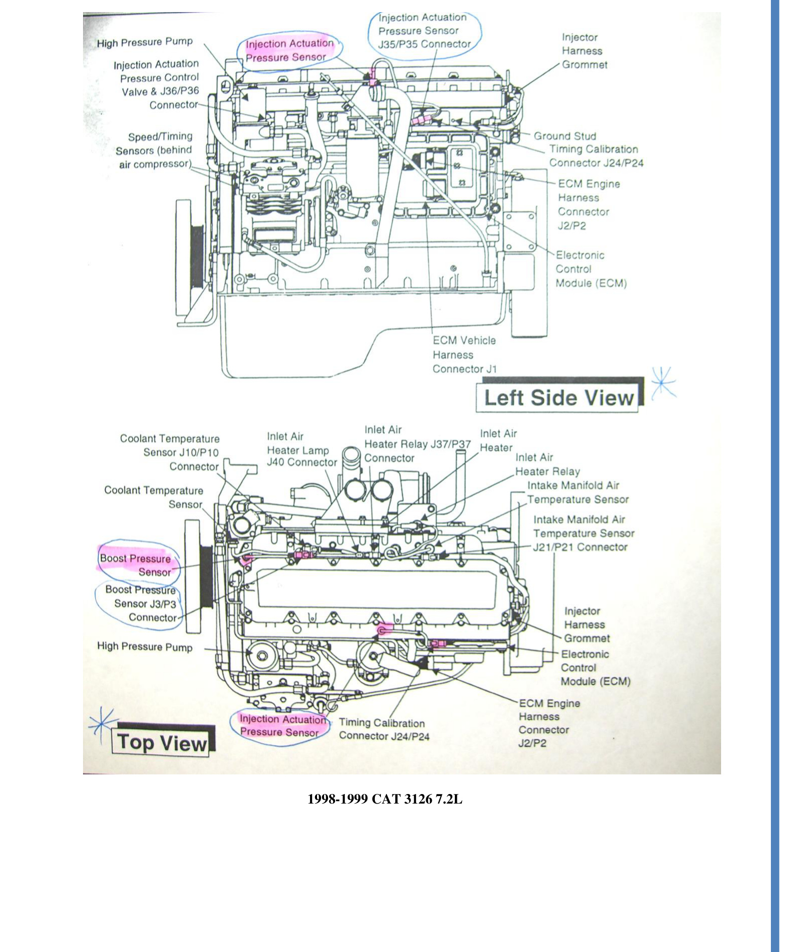TS Performance MP-8 Module Installation – Cat C7, 3126 & C9 Medium Duty – left side and top view sensor locations for 1998-1999 Cat 3126 7.2L