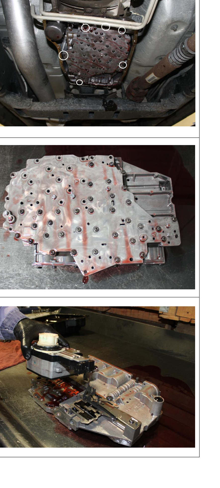 BD 68RFE Valve Body Installation Manual – Ram 6.7L Cummins – six valve body bolts, old valve body removed, and solenoid pack separated