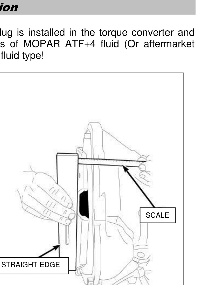 BD 68RFE Transmission Installation – checking torque converter seating with straightedge and scale