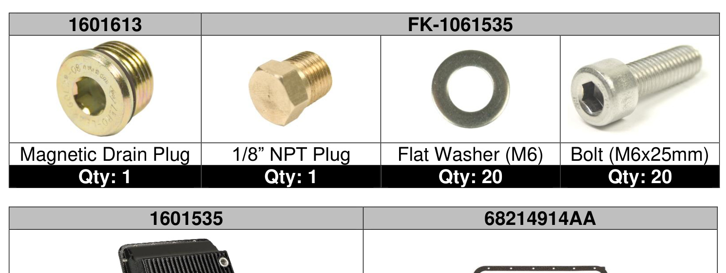 Kit hardware: magnetic drain plug, 1/8 inch NPT plug, M6 flat washers and M6x25mm bolts