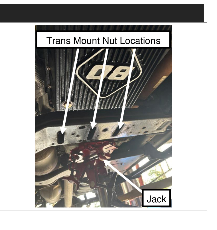 Transmission mount nut locations and service jack placement for rear pan bolt access