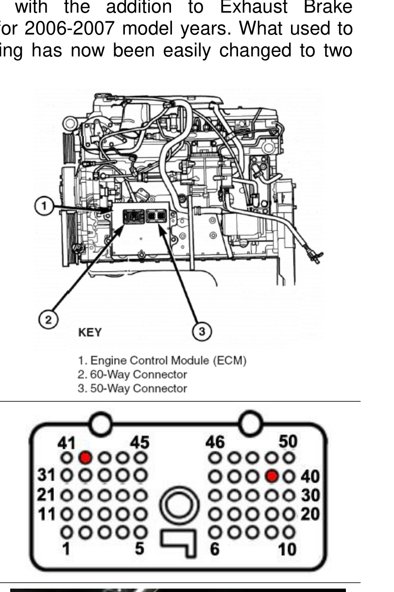 Cummins ECM location and 50-pin connector pin layout showing pins 39 and 42