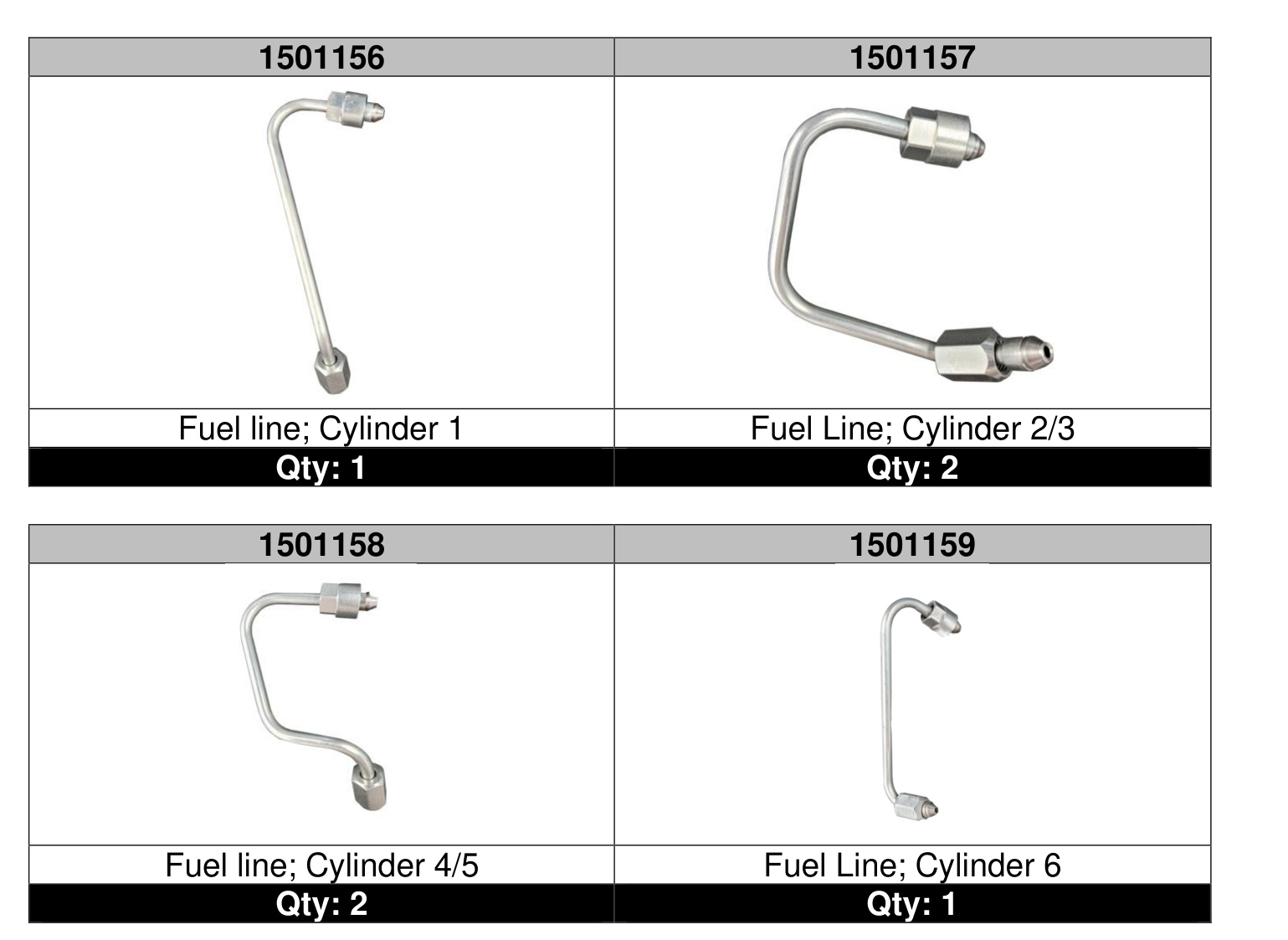 BD Dodge 6.7L fuel line kit contents showing the four line part numbers and quantities