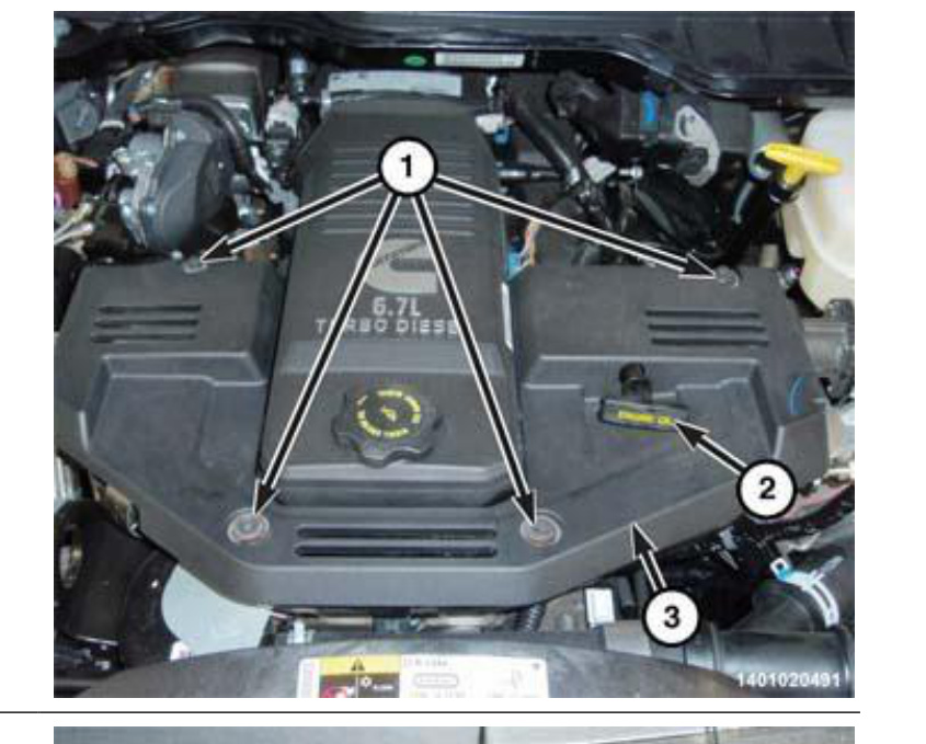 Engine cover retaining bolts (1), oil-fill cap area and cover (3) on the 6.7L Turbo Diesel