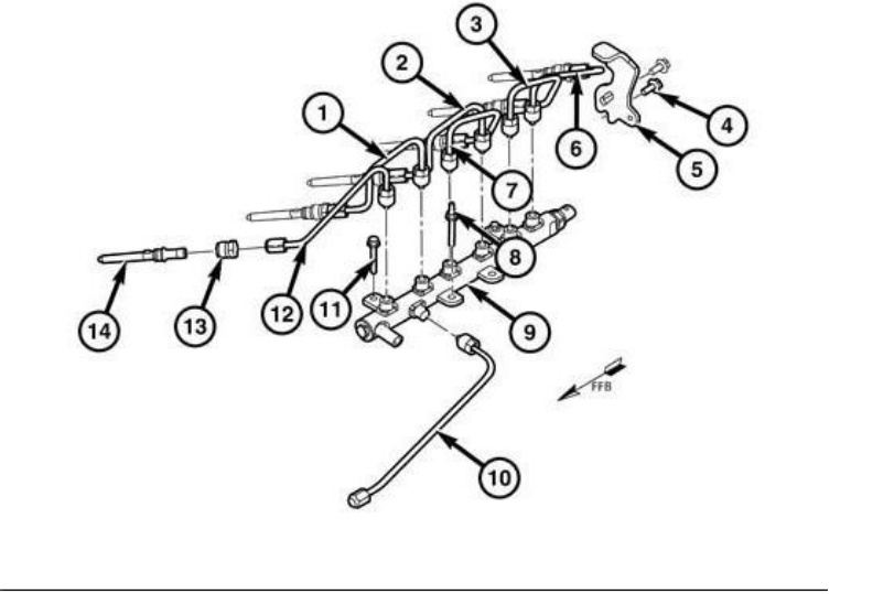 Exploded diagram of the high-pressure fuel lines, rail, separate fittings (13) and rear cylinder-head bracket (5)