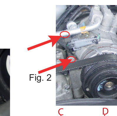 Four A/C compressor bolt locations circled on the Duramax engine