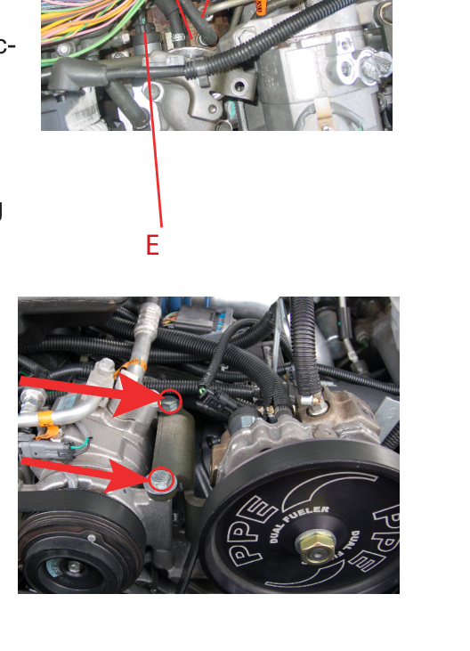Dual Fueler CP3 pump and bracket bolted to the A/C compressor