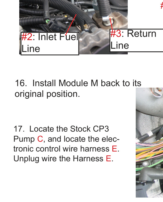 Connection points for the #2 inlet fuel line and #3 return line labeled on the engine