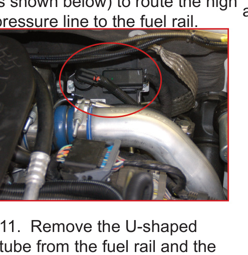 Module M circled on the engine, removed to route the high-pressure line