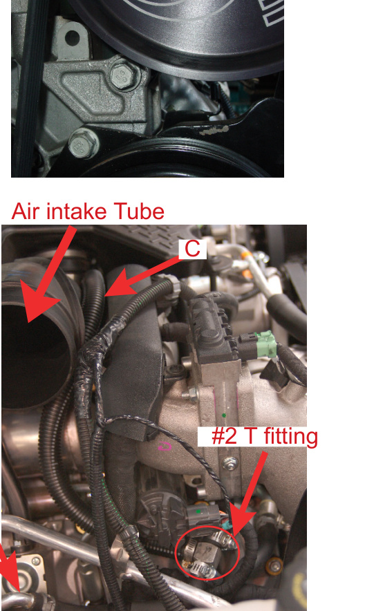 #2 T fitting spliced into the fuel supply line and intake line routed past the air intake tube