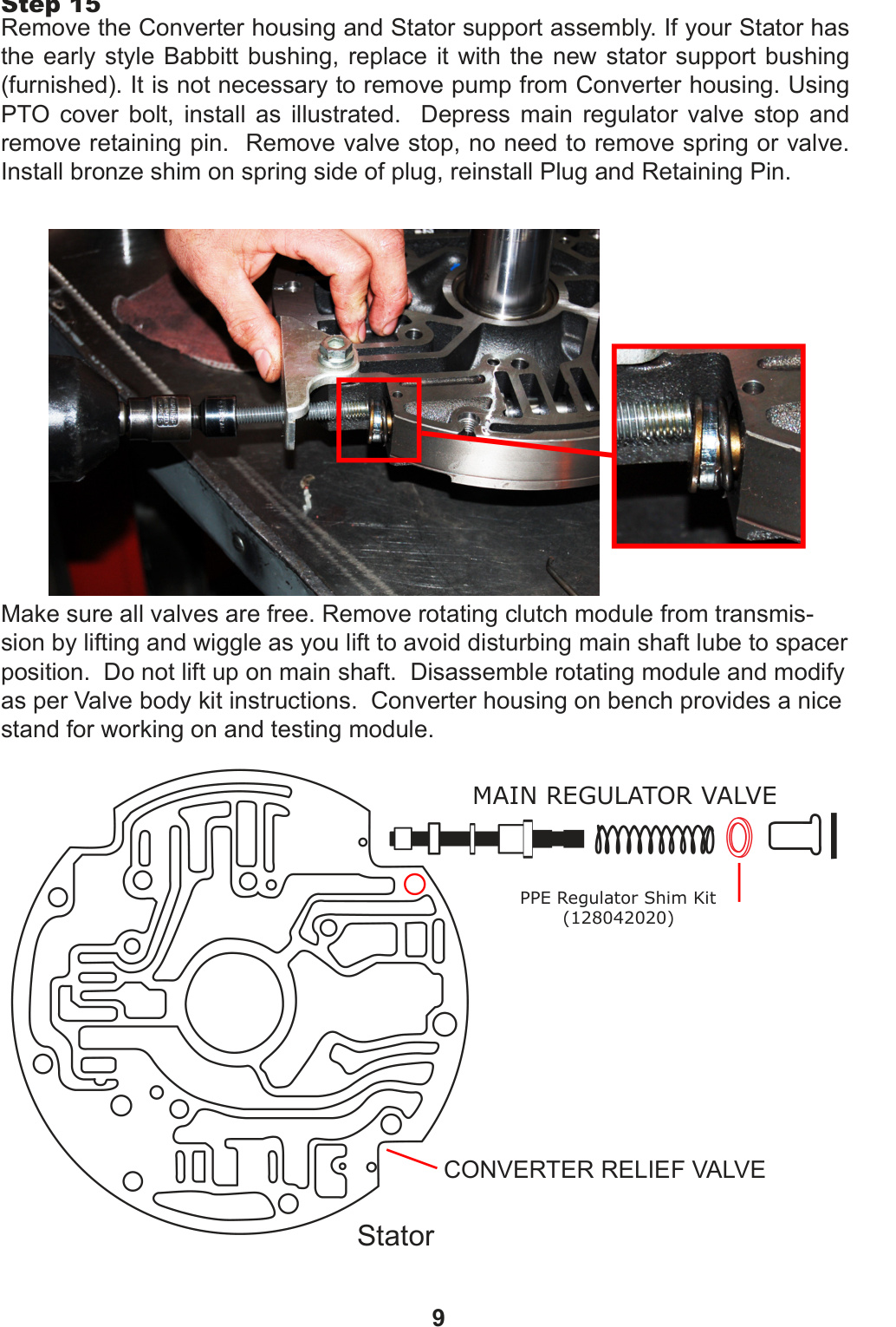PPE Stage 4 Allison Transmission Kit &ndash; stator support assembly with main regulator valve and converter relief valve, using PPE Regulator Shim Kit 128042020