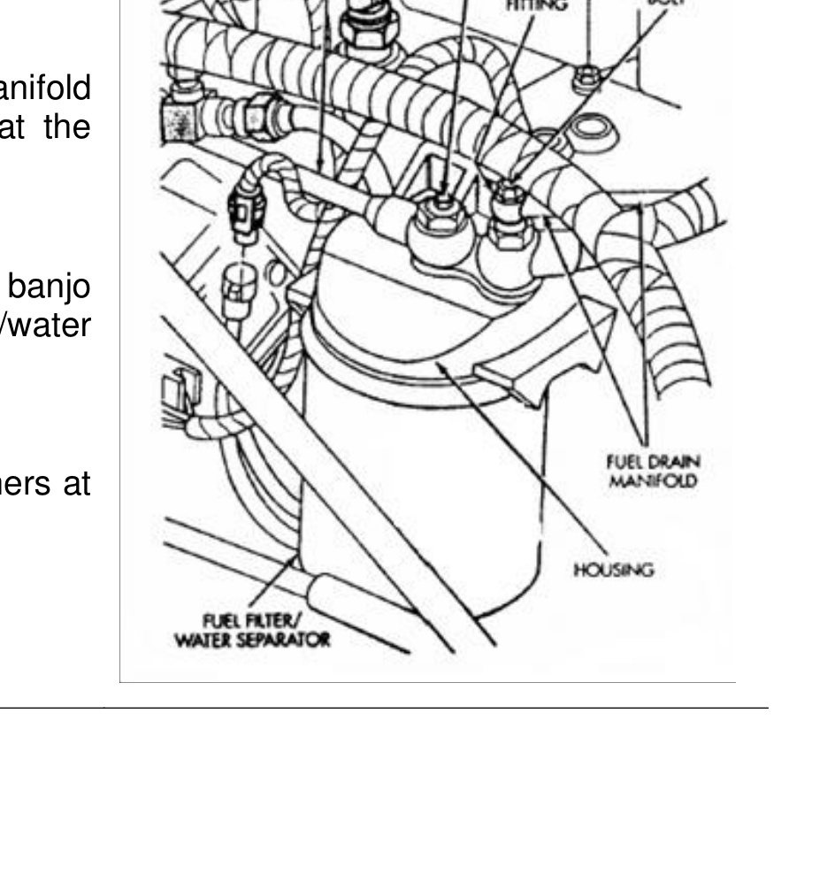 Fuel drain manifold, banjo fitting and fuel filter/water separator