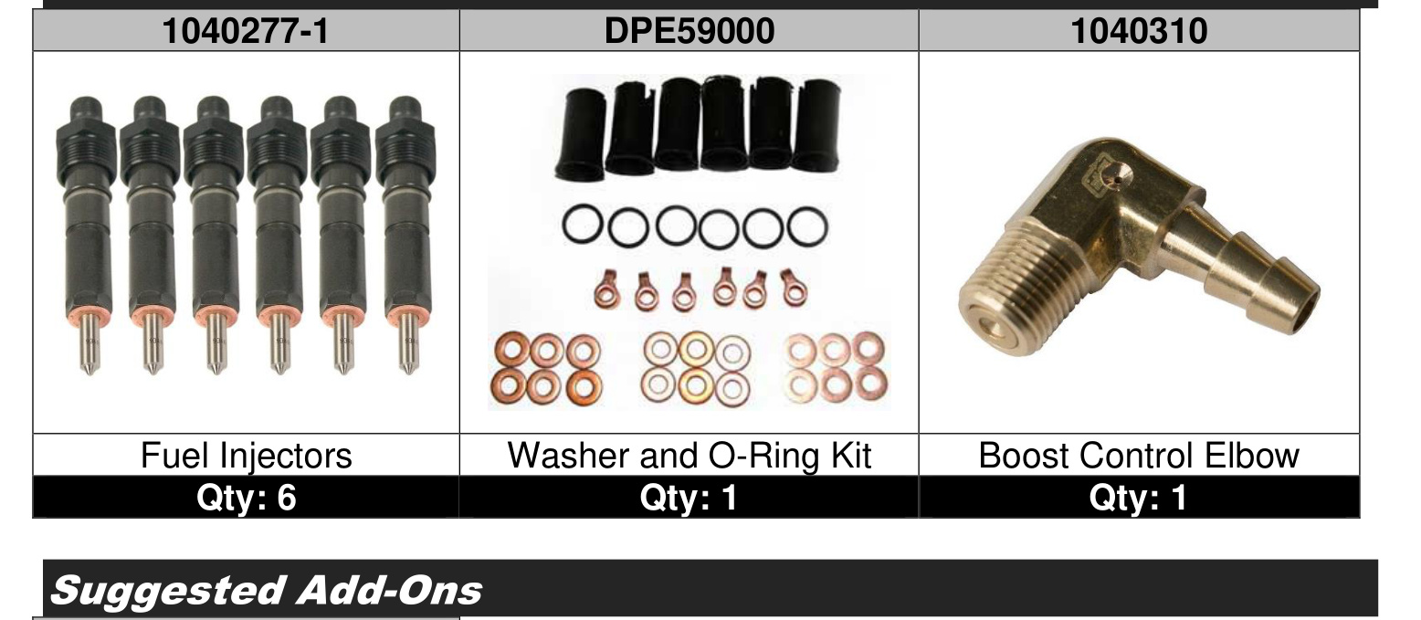 Kit contents: fuel injectors, washer and O-ring kit, and boost control elbow