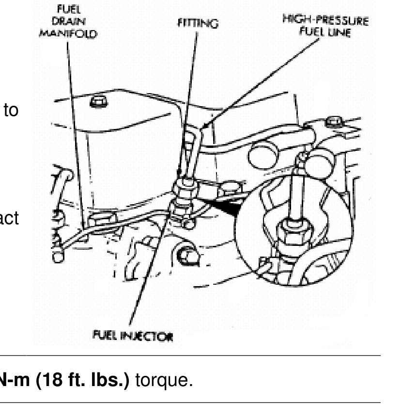 Fuel drain manifold, fitting, high-pressure fuel line and fuel injector torque points