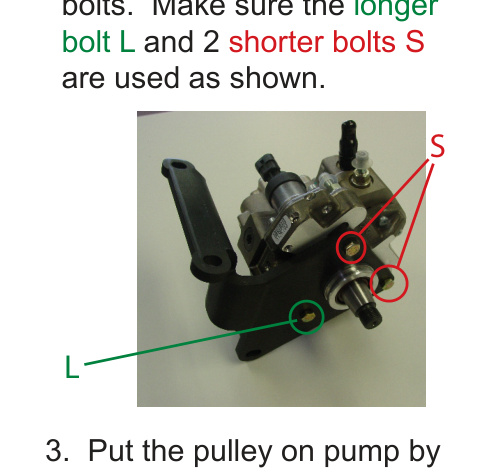 Main bracket with longer bolt L and shorter bolts S installed on the CP3 pump
