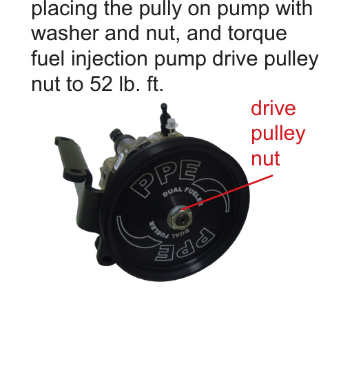 PPE Dual Fueler drive pulley and pulley nut installed on the CP3 pump
