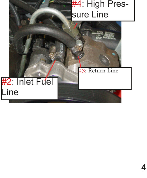 Inlet, return and high pressure fuel lines connected to the Dual Fueler pump
