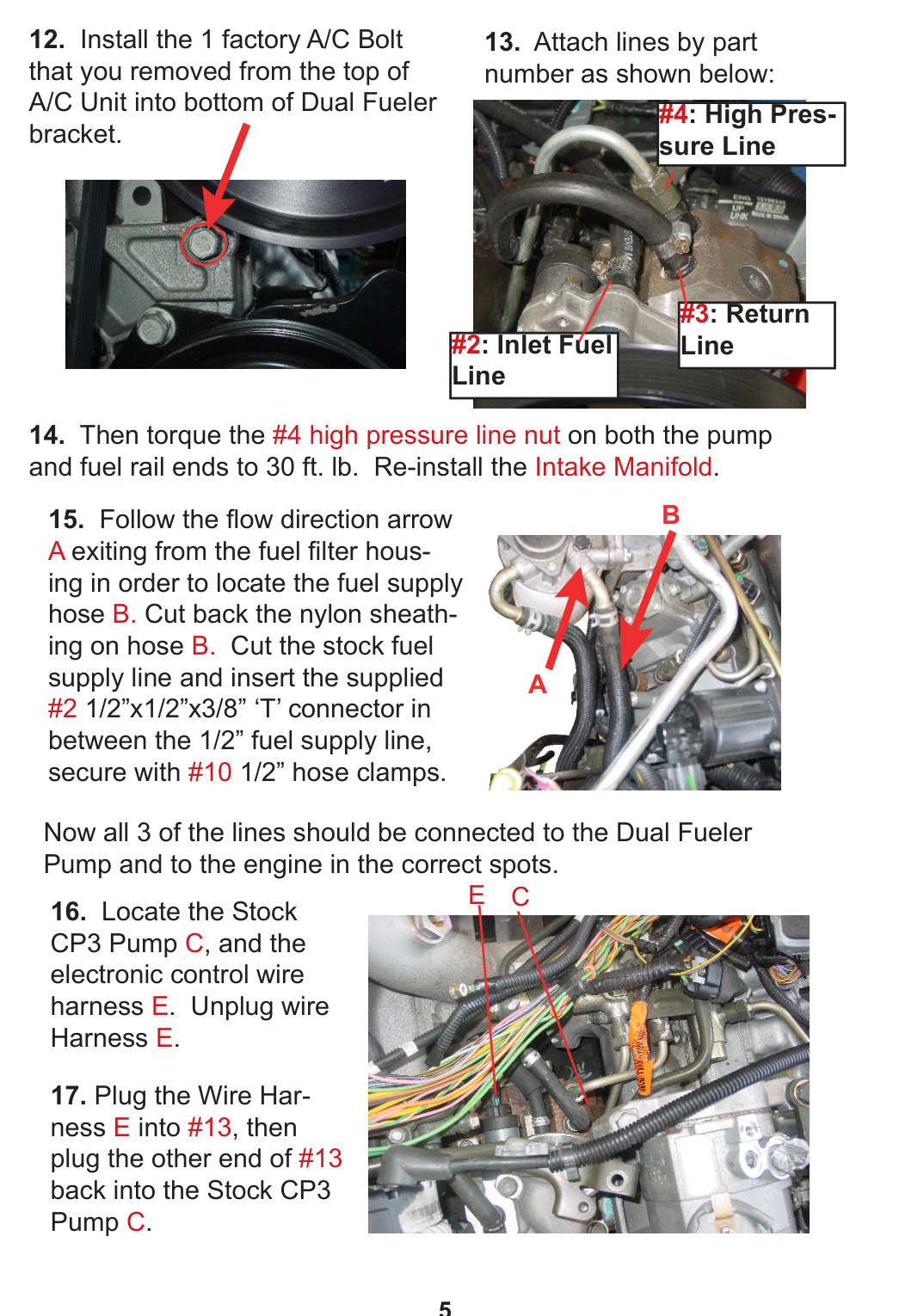 Steps 12 to 17: attaching the return, high-pressure and inlet fuel lines, installing the #2 'T' connector, and connecting the #13 harness