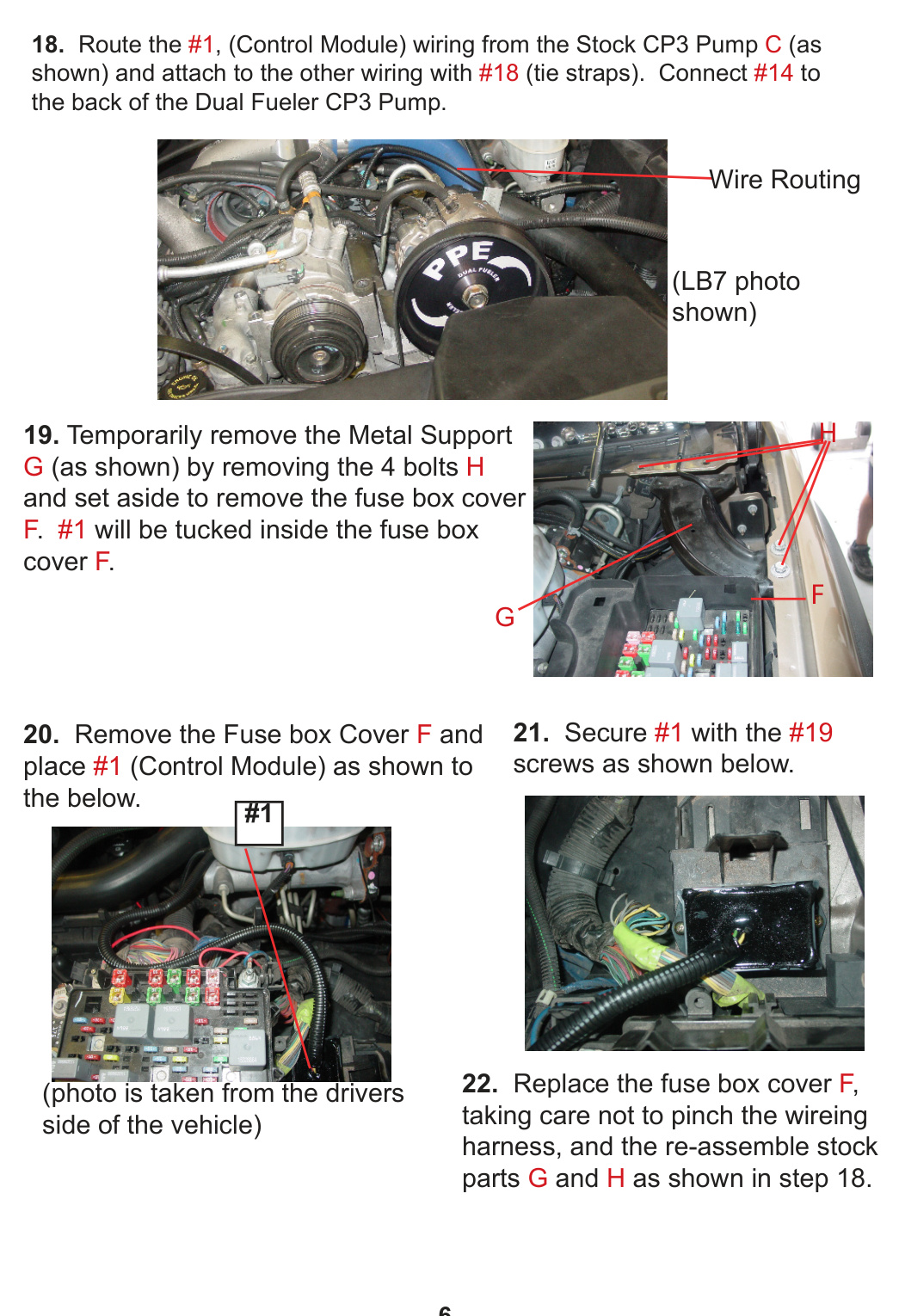 Steps 18 to 22: routing control module wiring, removing metal support G and fuse box cover F, and mounting the control module