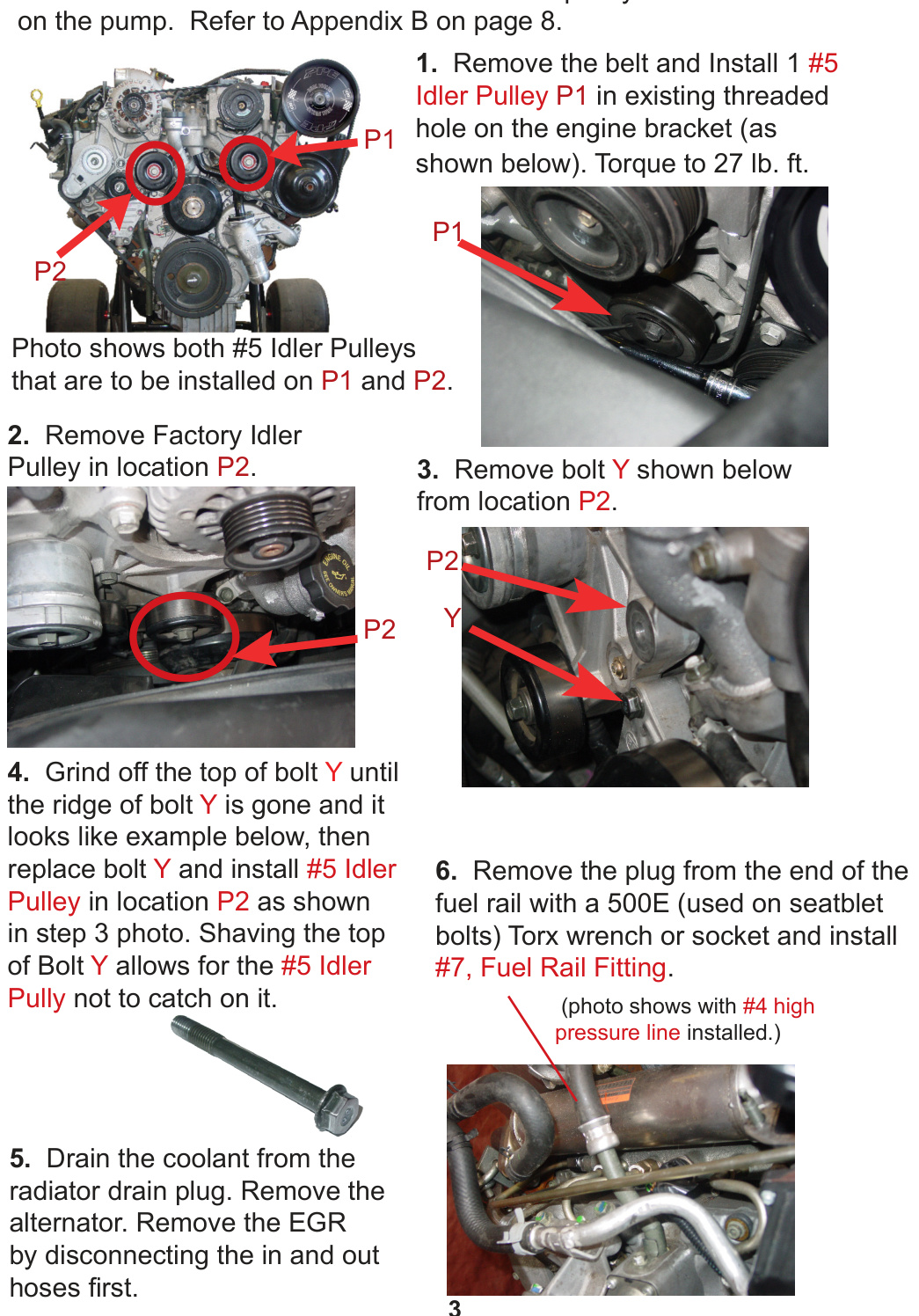 Steps 1 to 6: installing #5 idler pulleys at P1 and P2, grinding bolt Y, and the fuel rail fitting