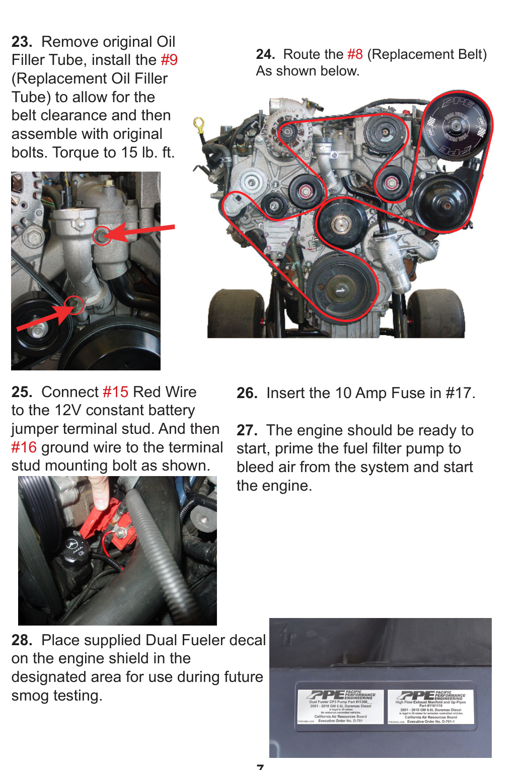 Steps 23 to 28: replacement oil filler tube, #8 belt routing diagram, connecting power and ground wires, and the smog decal