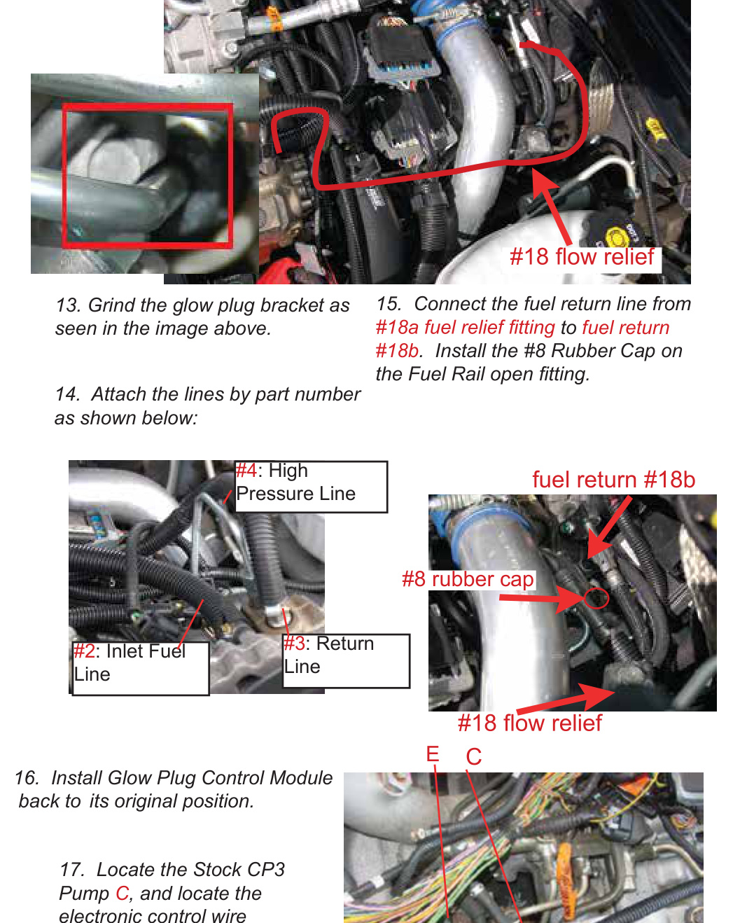 PPE Dual Fueler CP3 Pump Kit Installation &ndash; LBZ/LML Duramax &ndash; high pressure, inlet and return fuel line connections and rubber cap on fuel return